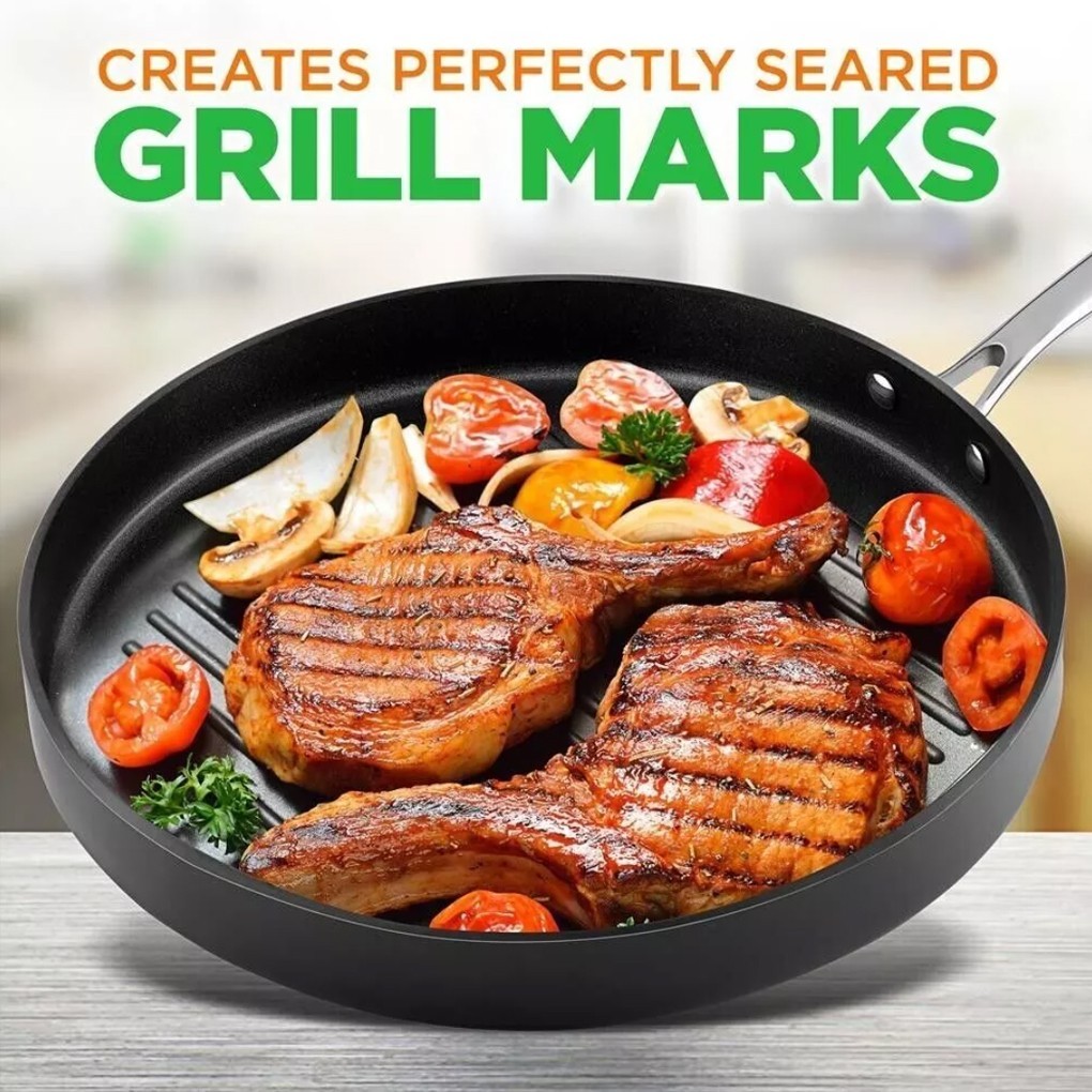 NutriChef 12in Hard-Anodized Nonstick Grill Pan – Dishwasher Safe PFOA Free. New
