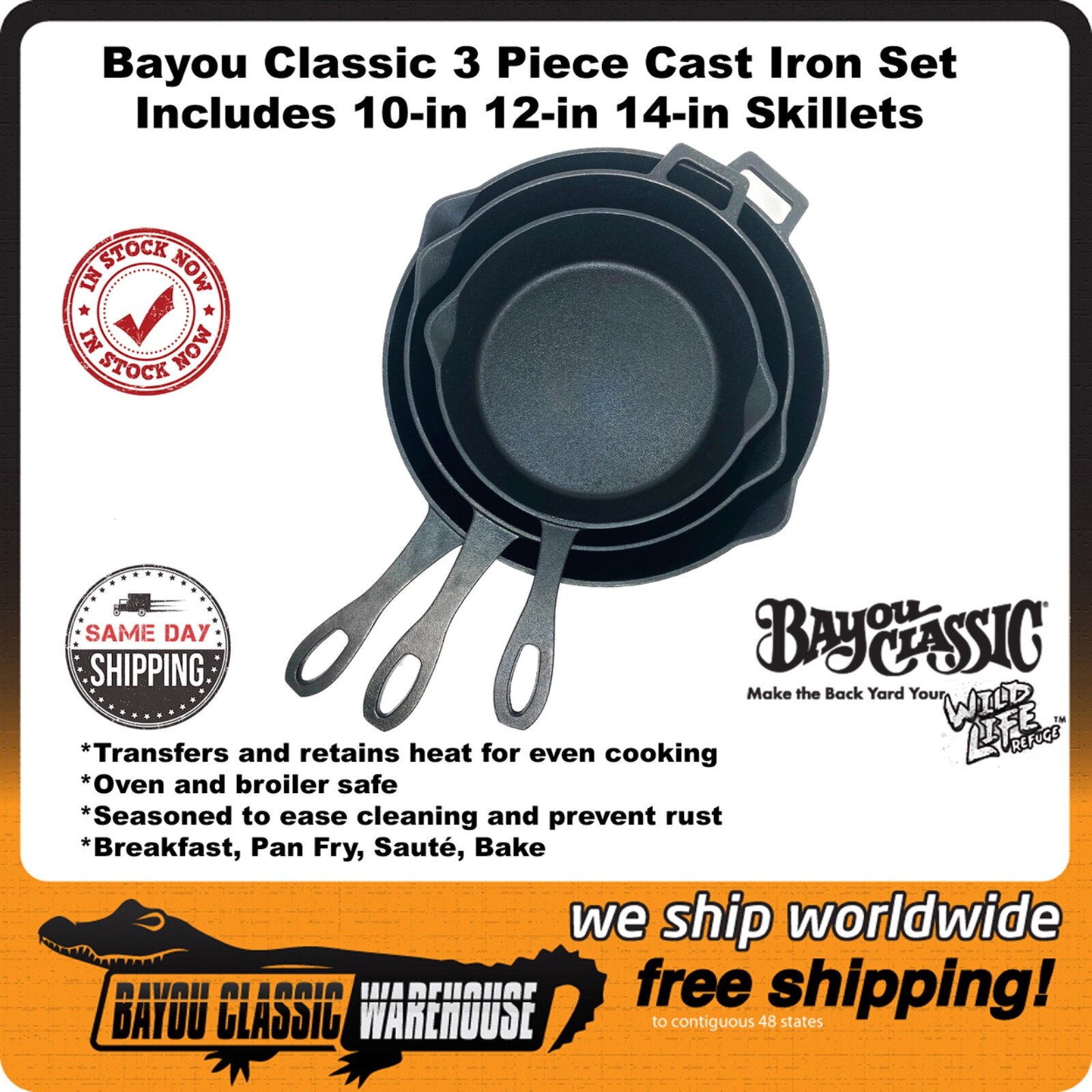 3 Piece Cast Iron Skillet Set 10″ 12″ 14″ With Pour Spouts by Bayou Classic 7405