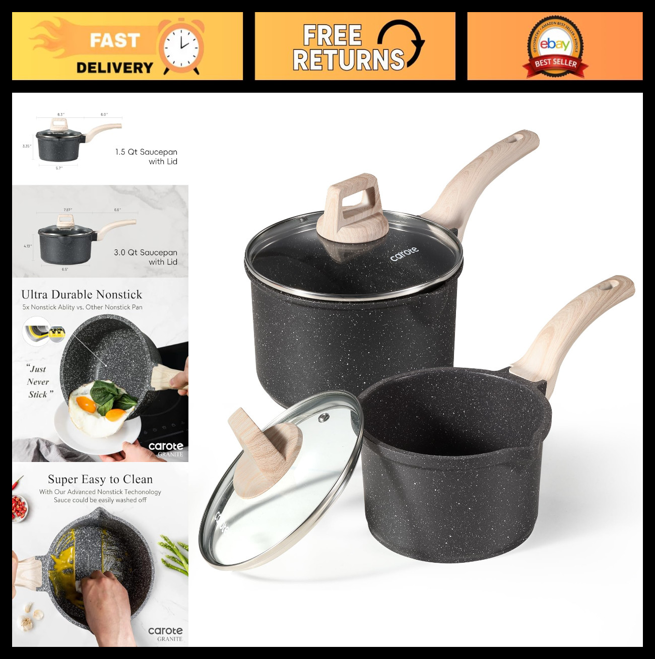 Nonstick Saucepan Set 1.5Qt & 3.0Qt with Lid, Induction Compatible Cookware, Eas