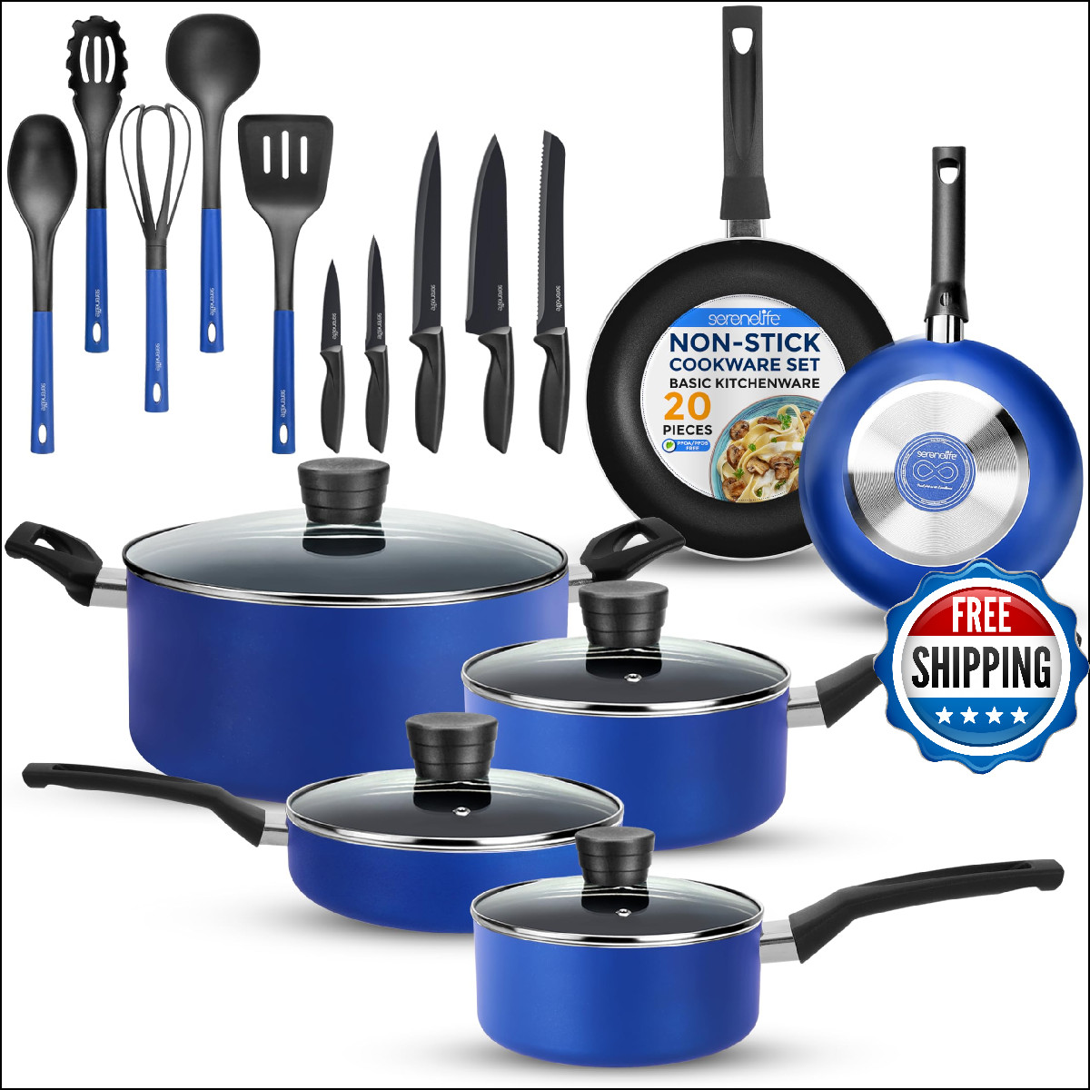 SereneLife 20-Pc Blue Nonstick Cookware Set w/Lids, Utensils & Knives – Dishwash