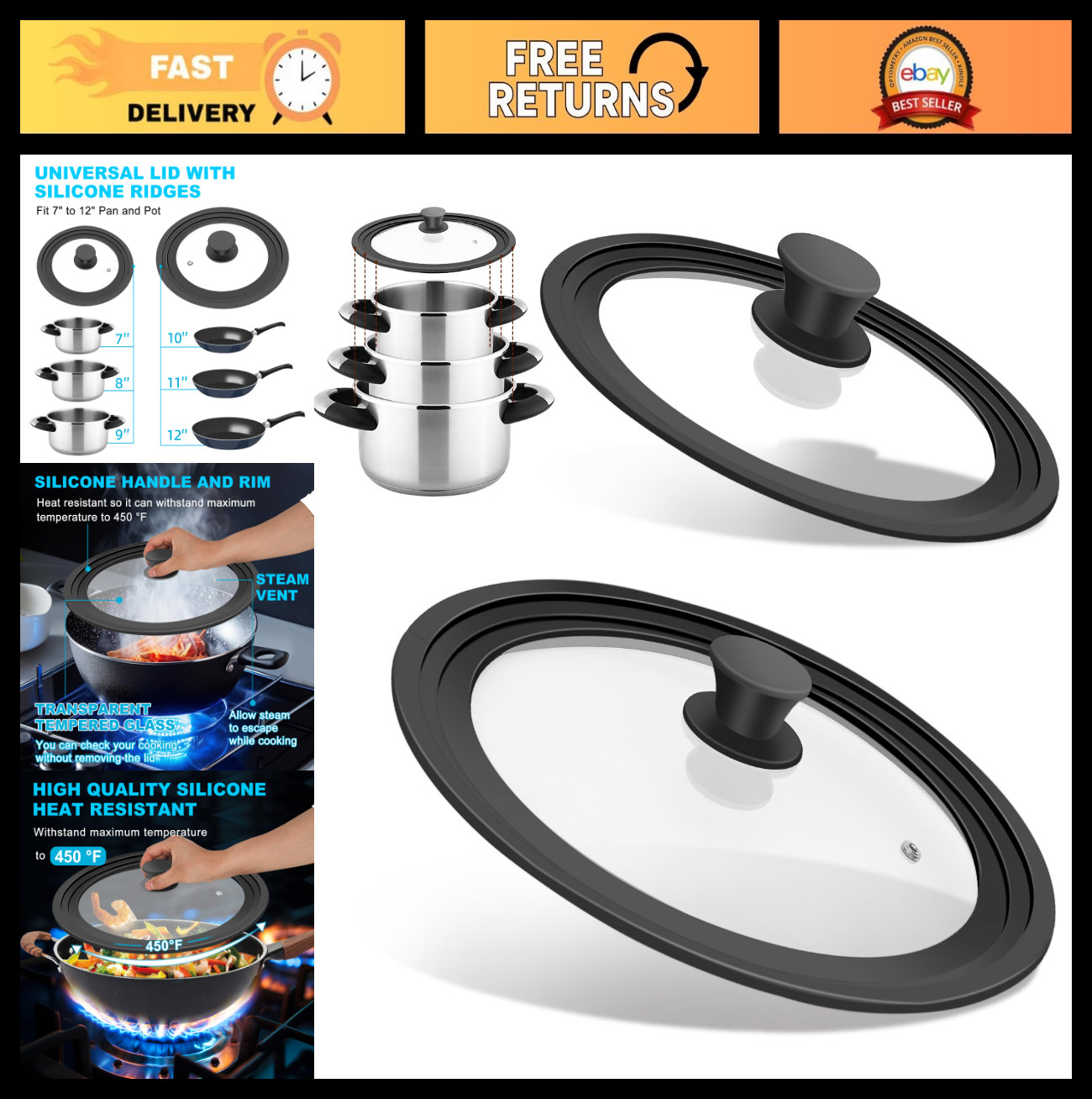 Universal Cookware Lids Set – Fits 7″ to 12″ Pots & Pans, Tempered Glass, 2 Pack