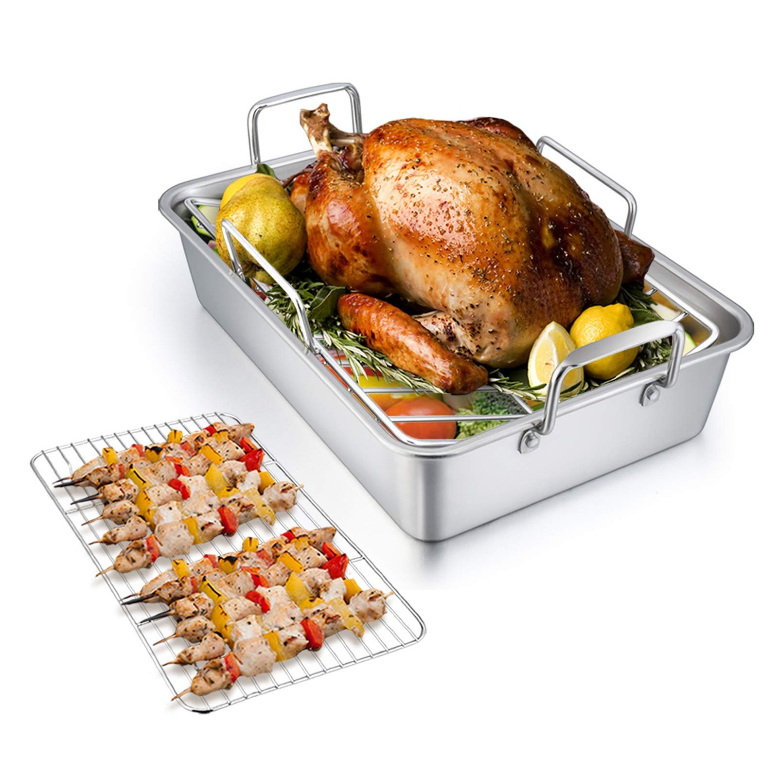 TeamFar Roasting Pan with Rack, 14 Inch Stainless Steel Turkey Roaster Lasagna P