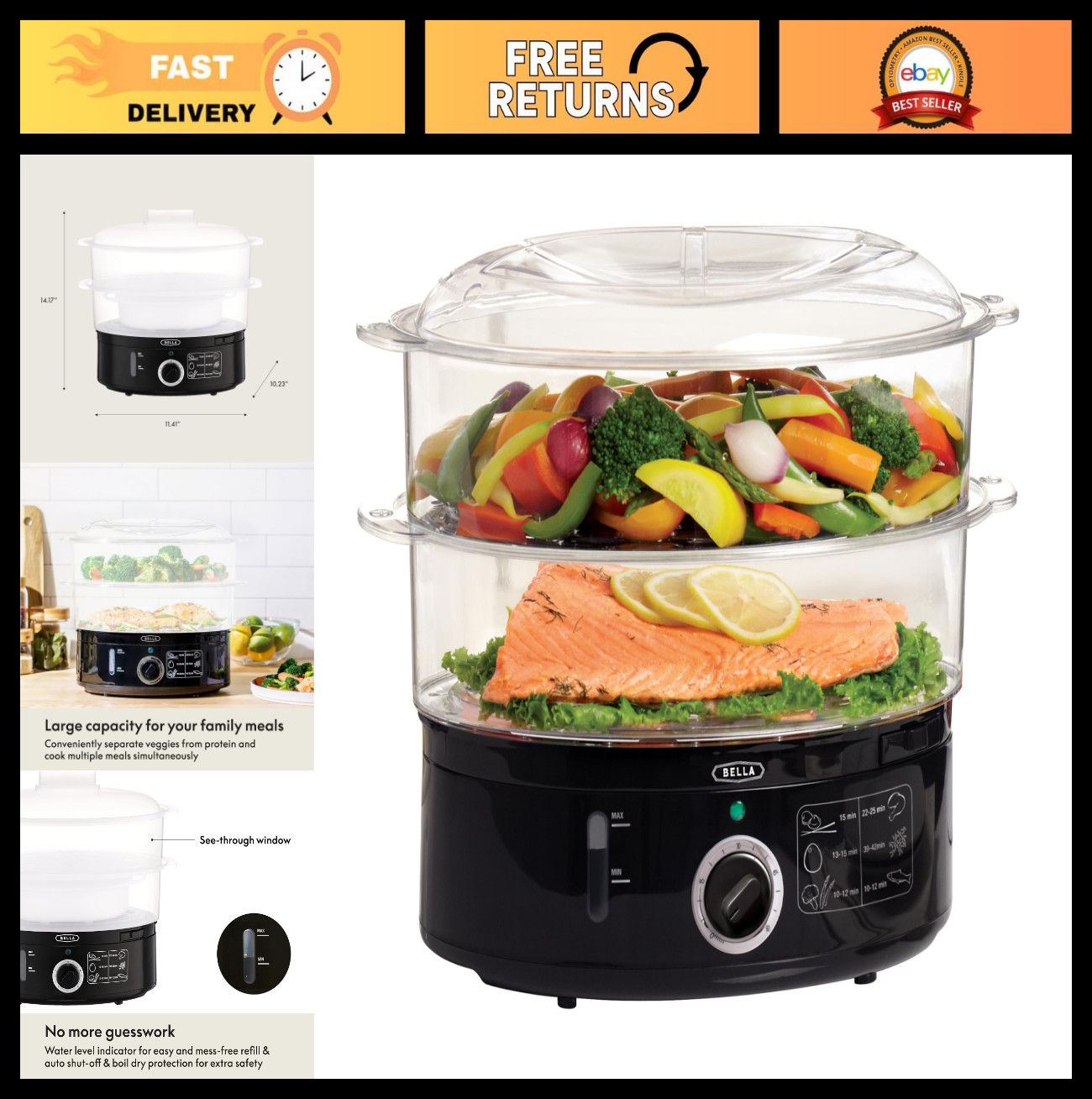 Two Tier Food Steamer – Stackable Baskets, Removable Base, 7.4 QT, Auto Shutoff,