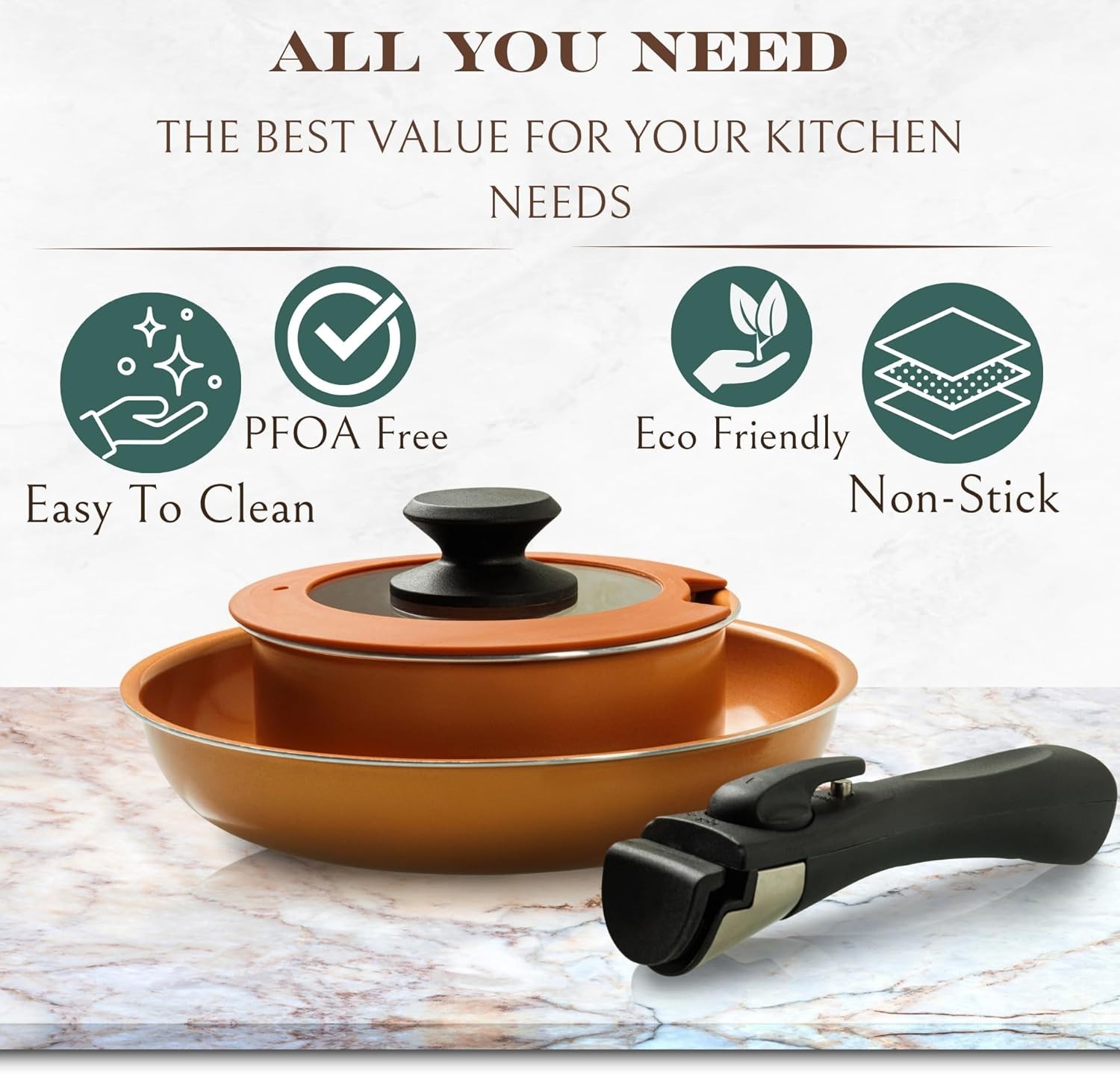 Nonstick Copper Cooking Set – 7 Pcs with Removable Handle, Ideal for Camping
