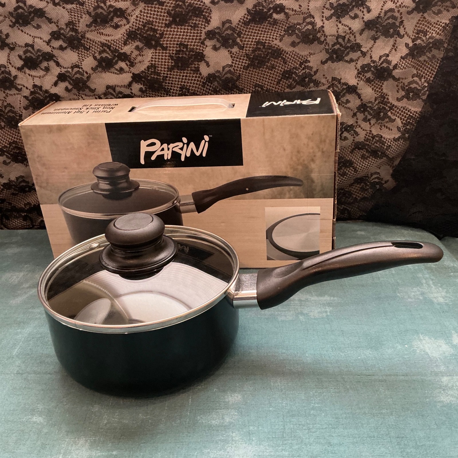 *NEW IN BOX” – PARINI 1.5 Quart Aluminum Sauce Pan w/Glass Lid – Fast Ship