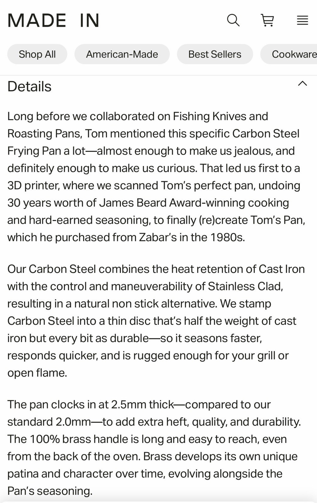 Made In | Tom Colicchio Carbon Steel Non-Stick Frying Pan 9″ | Brass Handle
