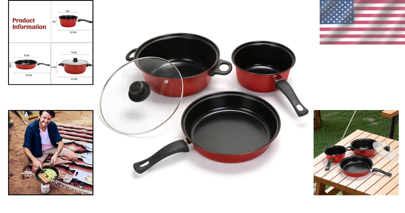 Lightweight 4-Piece Cast Iron Cookware Set with Glass Lids for Outdoor Cooking