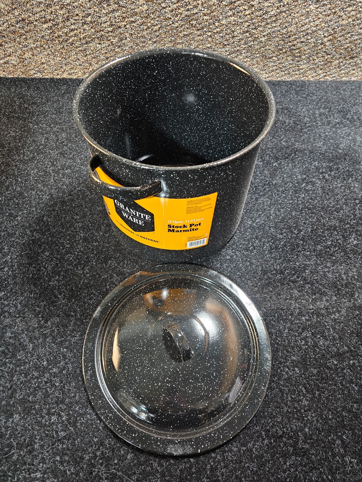 (QTY 2) Granite Ware Porcelain Plus Steel Core 12 Qt Stock Pot w/ Lid Black 6133