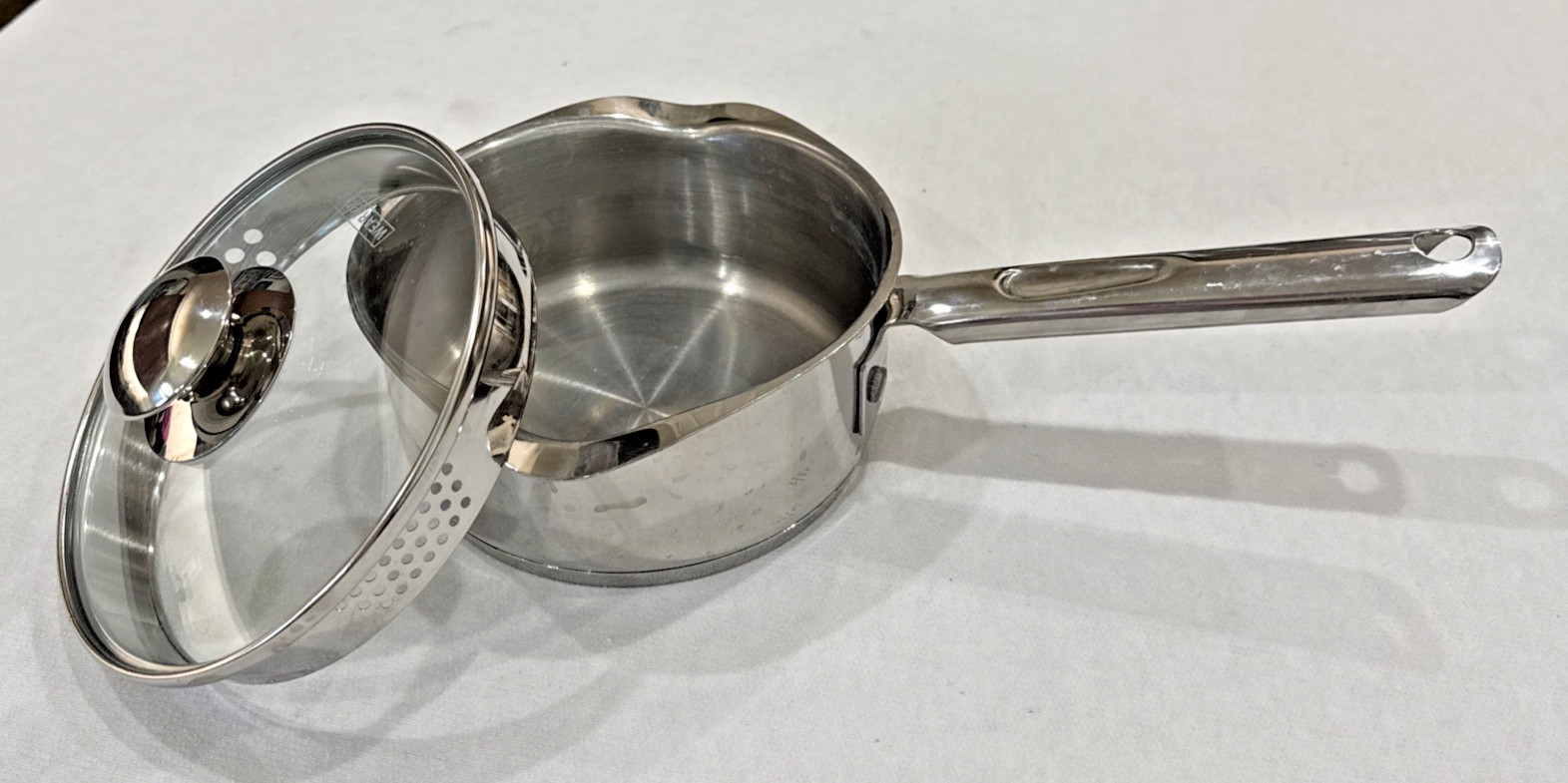 WEAREVER Stainless Steel 1.5 Qt Double Spout/Strainer in Lid Sauce Pan