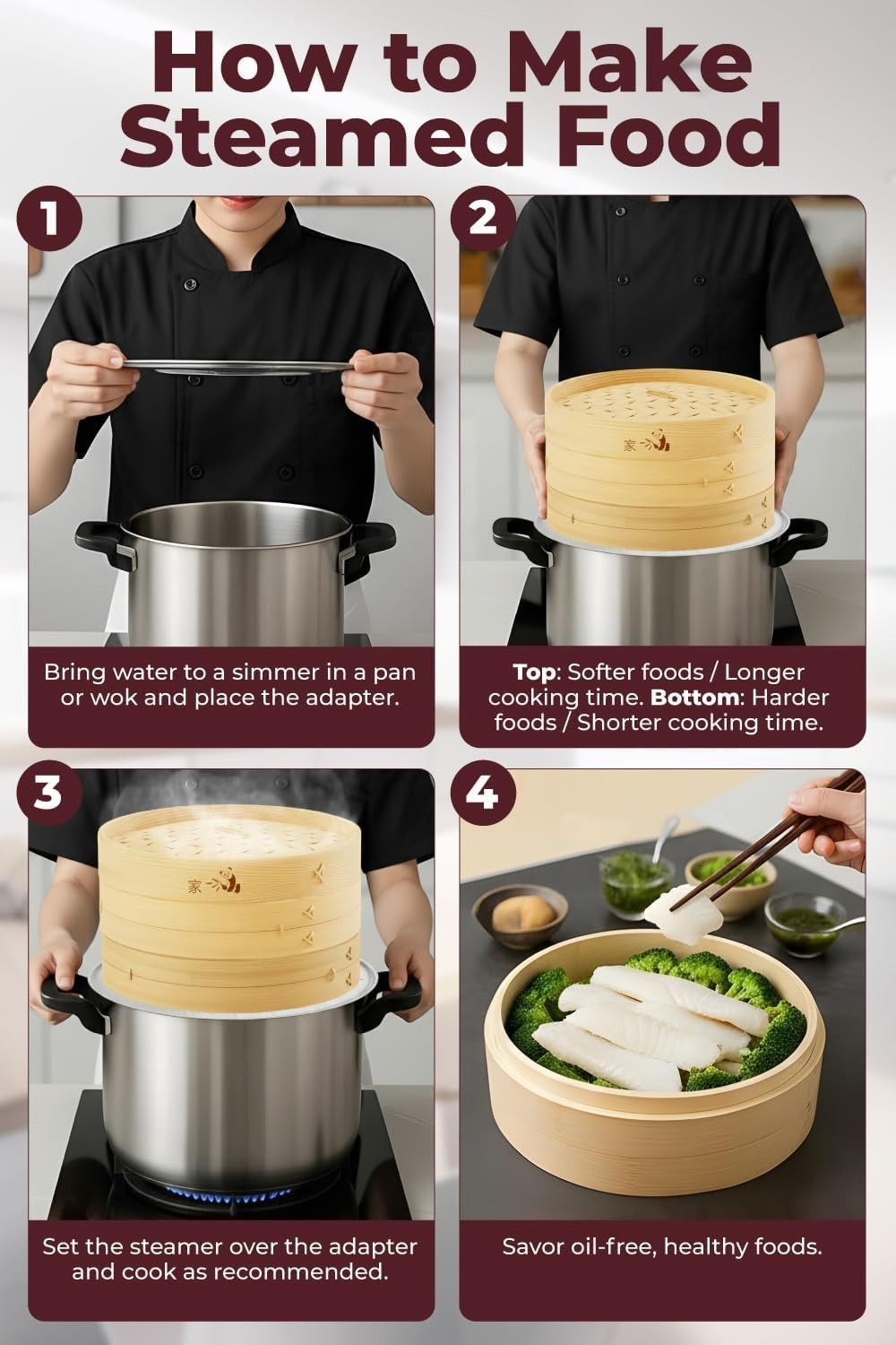 Authentic 2-Tier Bamboo Steamer with Lid for Cooking Rice and Asian Delicacies