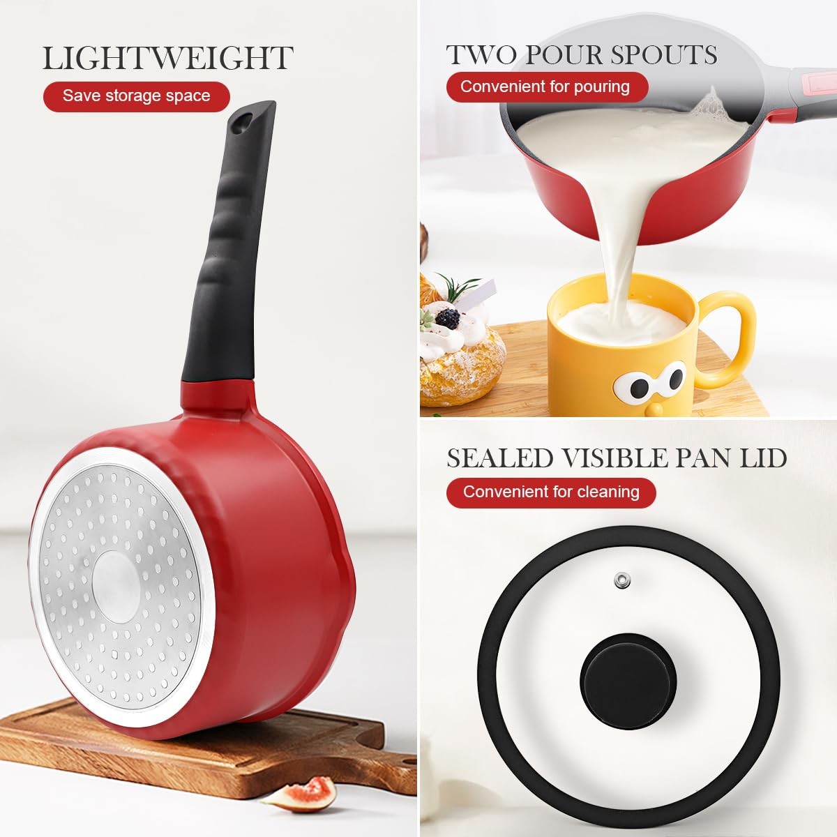 1.5 Qt Small Sauce Pan Lid Non Stick Milk Pot Pour Spout Detachable Handle