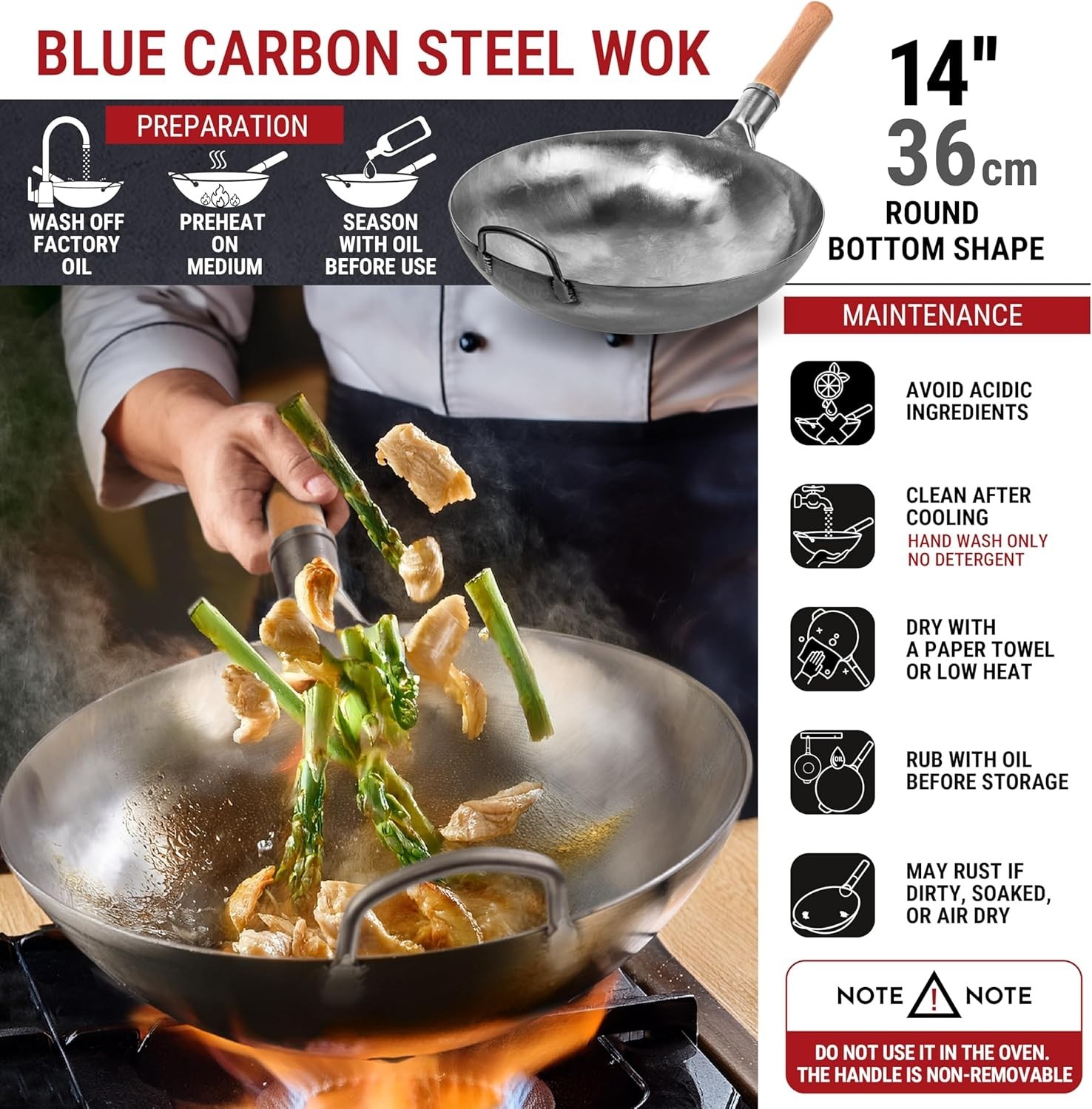 YOSUKATA 14” Round Bottom Carbon Steel Woks and Stir Fry Pans – Unseasoned Pow