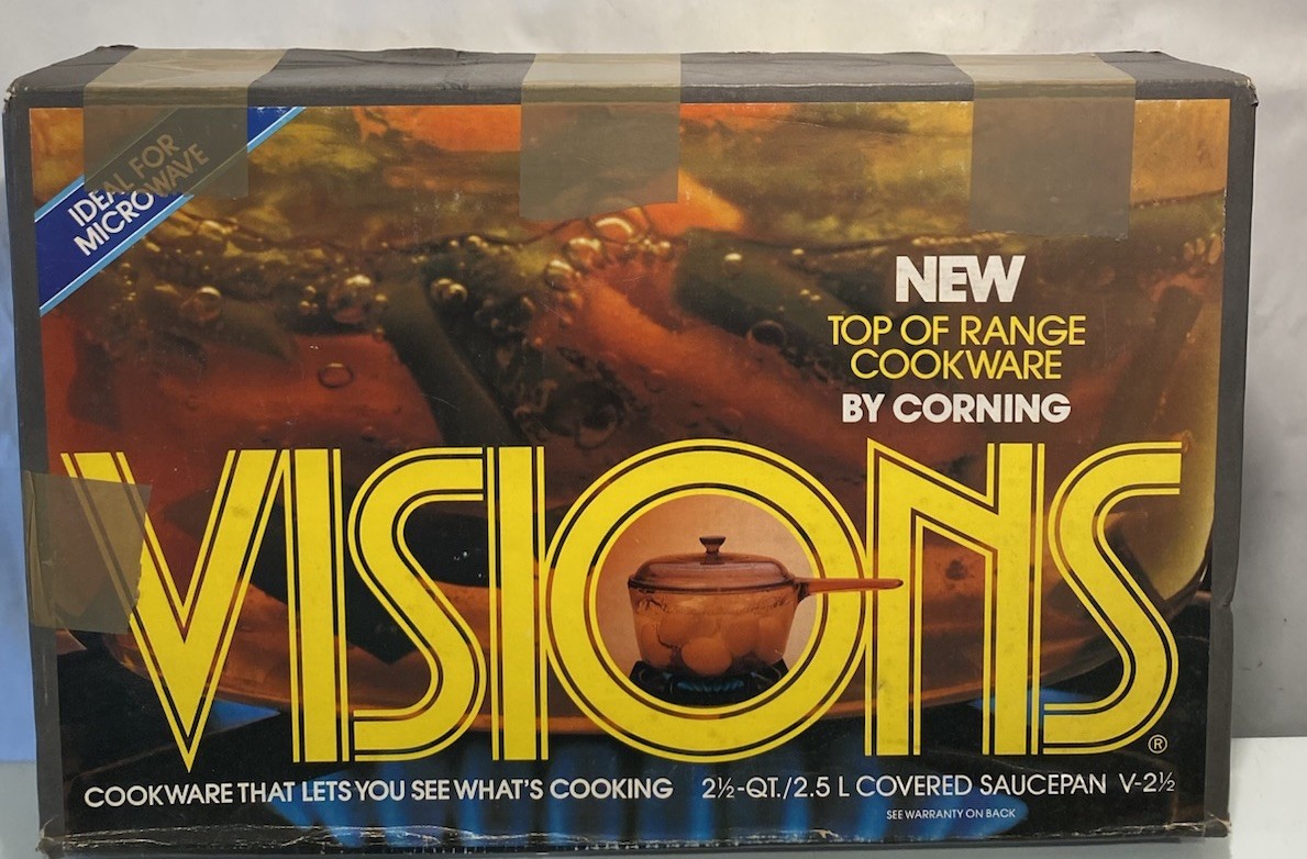 NEW VTG NOS Visions Corning Glass V-2 1/2” Cookware Amber Covered Saucepan 2.5Qt