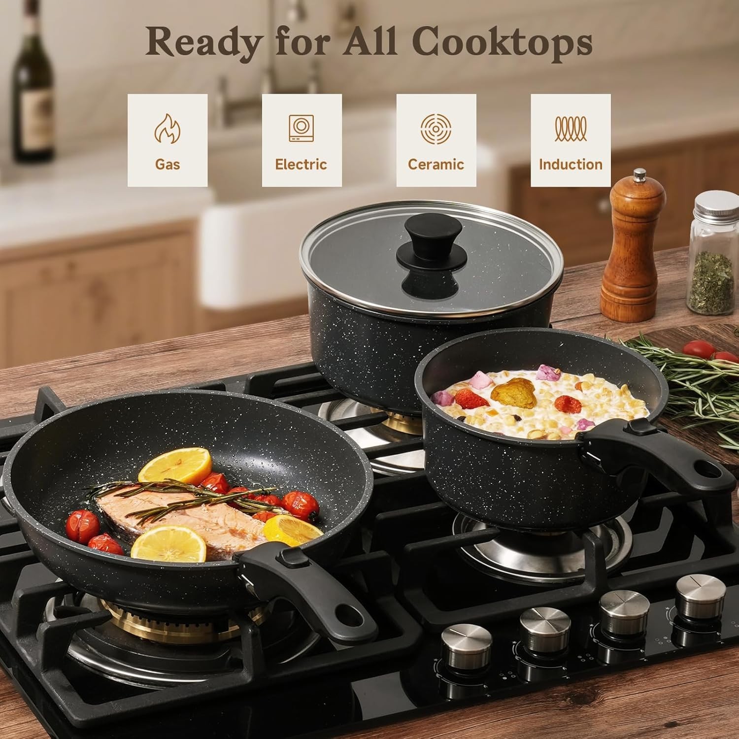 15pcs Nonstick Pots and Pans Set Detachable Handles Oven Safe Induction Black