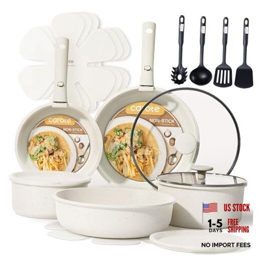 19pcs Pots and Pans Set, Nonstick Cookware Set Detachable 19 Piece Cream White