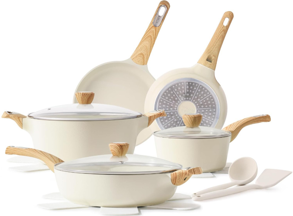 Juego Batería Cocina Cerámica 14 Piezas Antiadherente Apta Inducción Sin PFAS