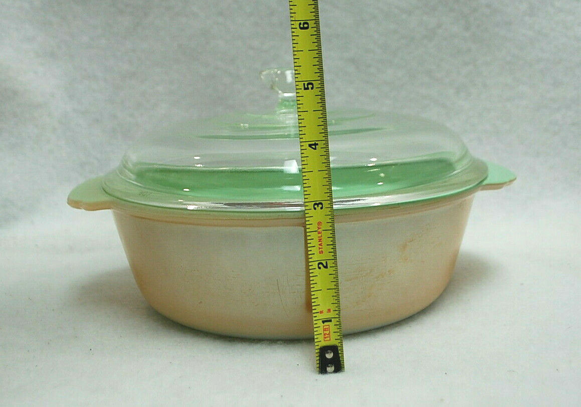Fire King Peach Luster Casserole Green Interior and Glass Lid 1-1/2 qt. S9340