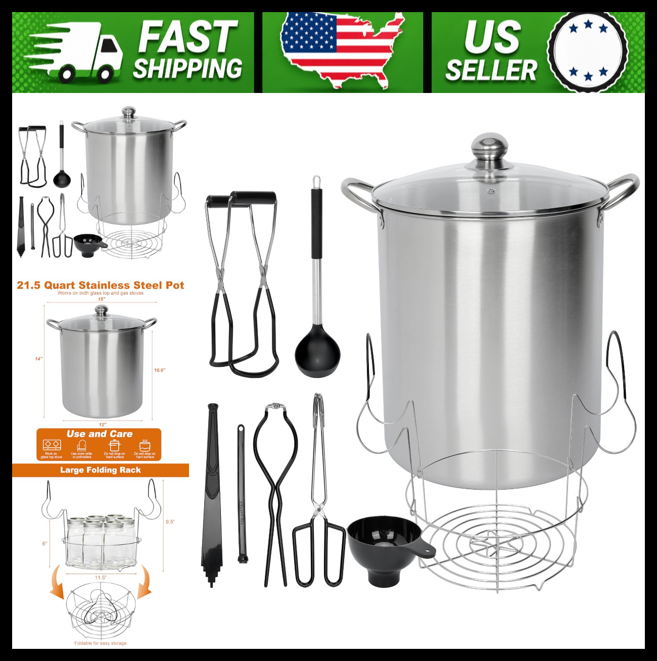 21.5 Quart Stainless Steel Canning Pot Set with Rack and Lid
