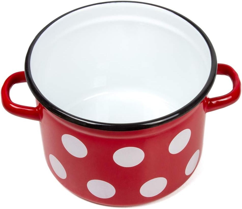 Stockpot Enameled Steel Pot Red White Polka-dot Enamelware Pot with Lid Kitchen