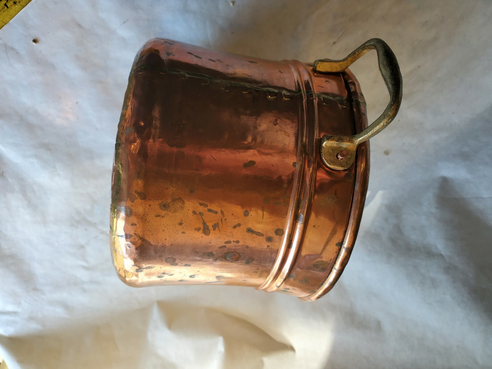 Small Copper Stock Pot 7” Dia. X 5-1/2″ Deep Brass Handle Riveted Handle