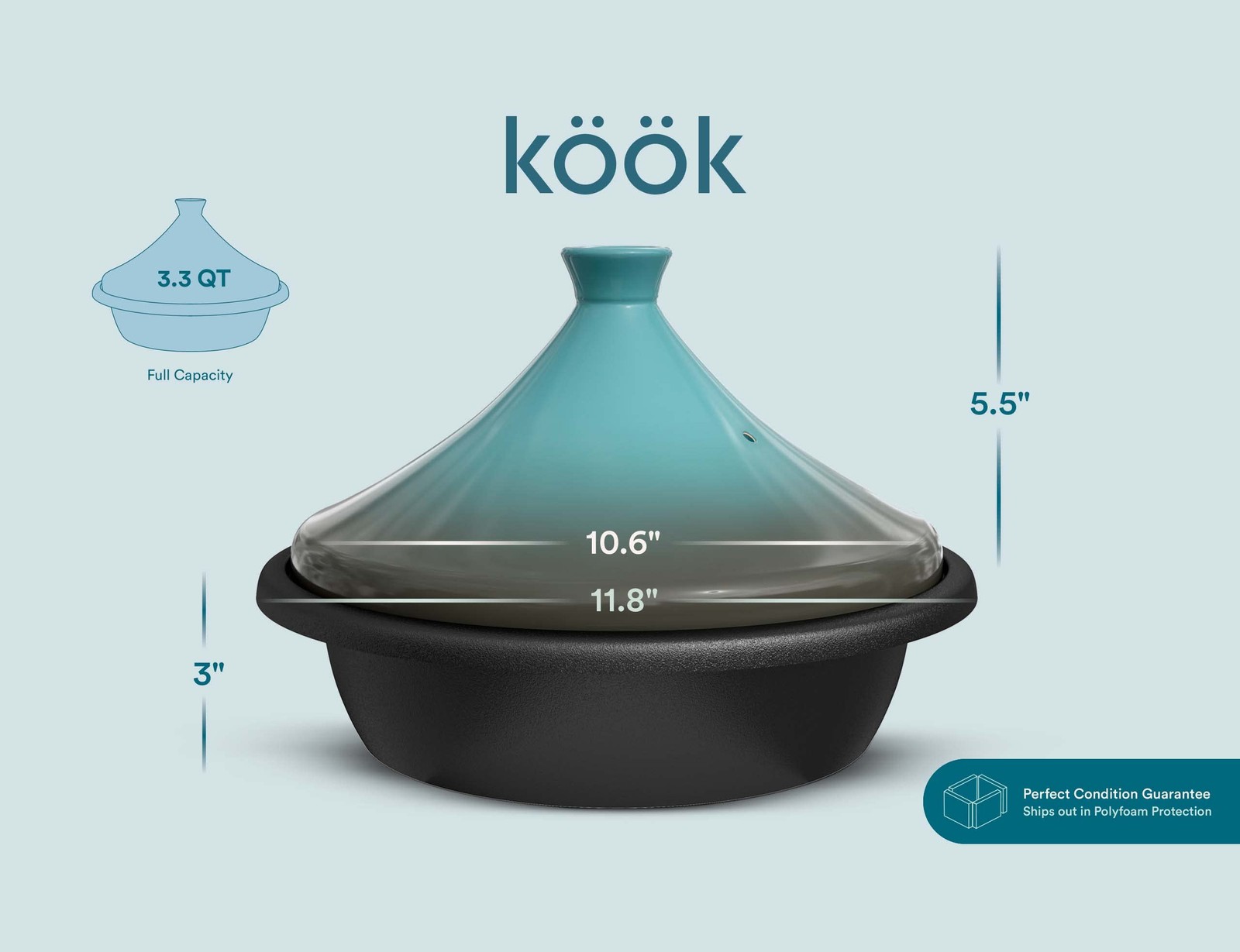 KooK Moroccan Tagine, Enameled Cast Iron Cooking Pot, 3.3 QT, Stone Blue