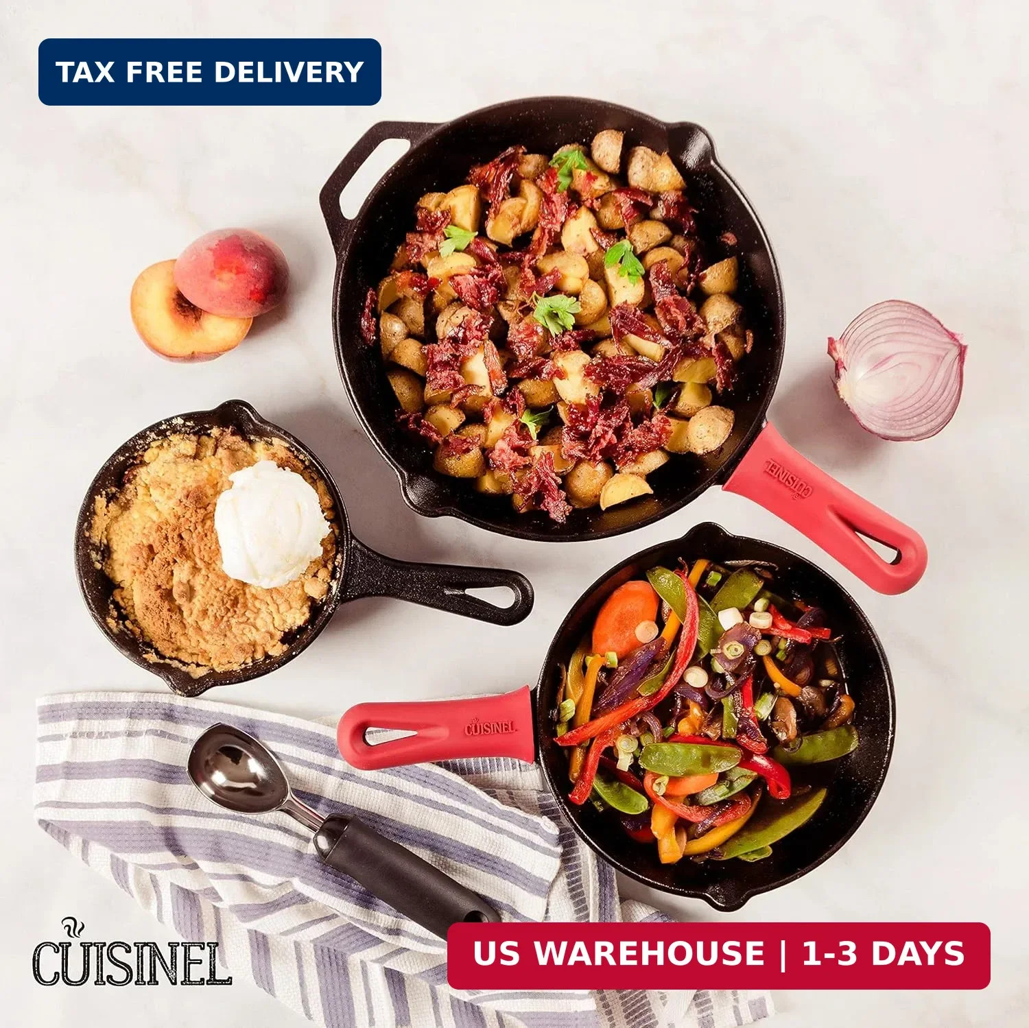 Cuisinel Cast Iron Skillets Set – 3-Piece: 6″ + 8″ + 10″-Inch Chef Frying Pans –