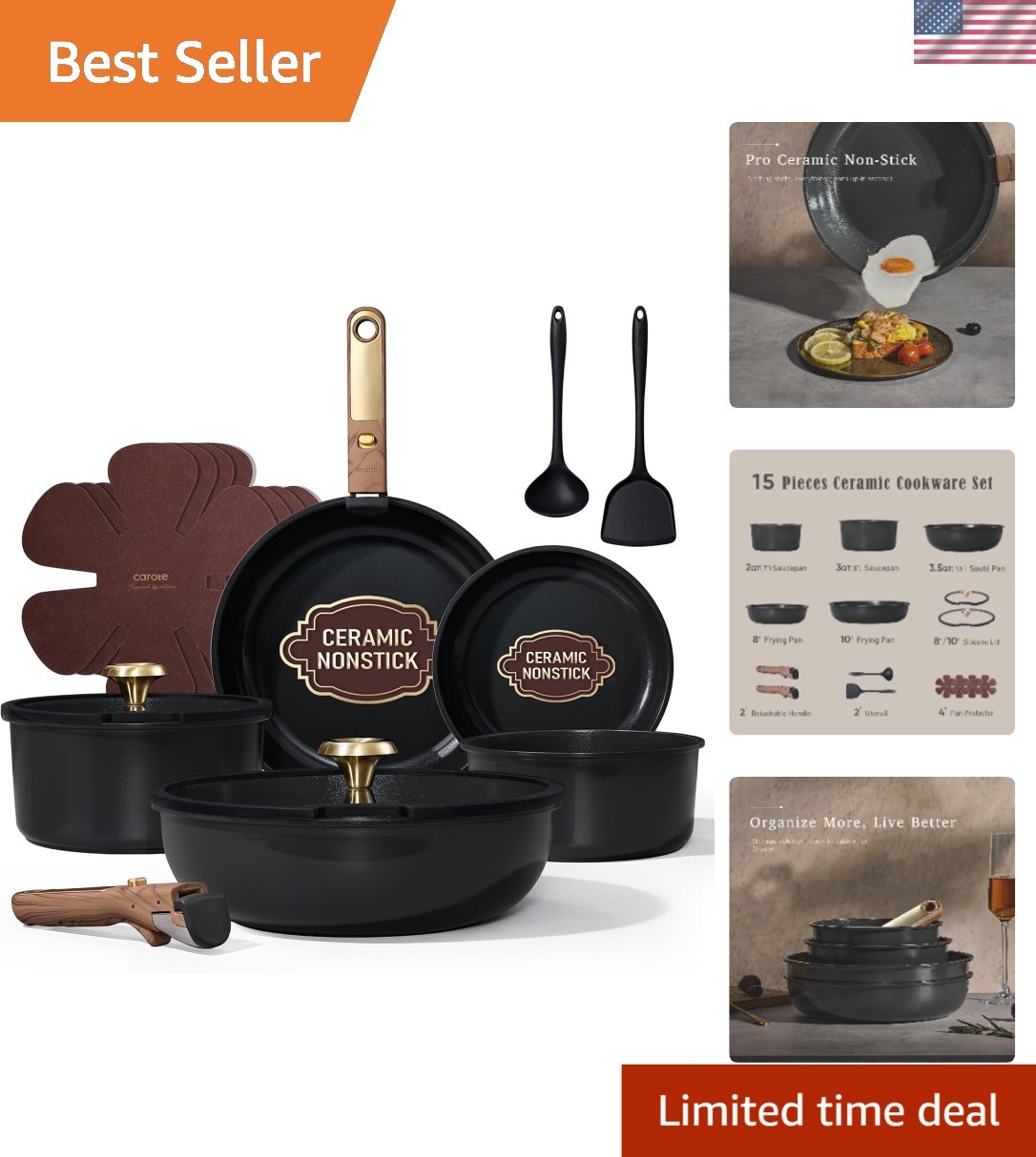 15Pcs Ceramic Cookware Set, Pots and Pans Set Non stick, Kitchen Cooking Set …