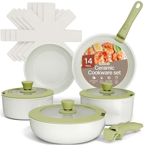 Pots and Pans Set Non Stick Ceramic-Granite – 14 14 Piece Set Green Marble