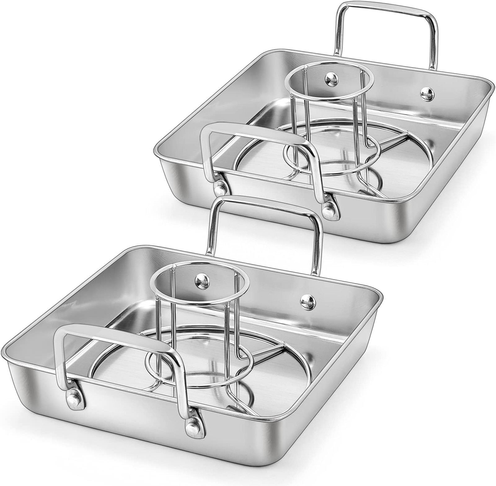 P&P CHEF Beer Can Chicken Holder with Roasting Pan Set, 9-inch Stainless Stee…