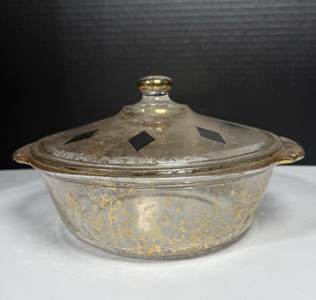 Vintage FIRE-KING Georges Briard Covered 2 QT Casserole Dish Gold & Black MCM