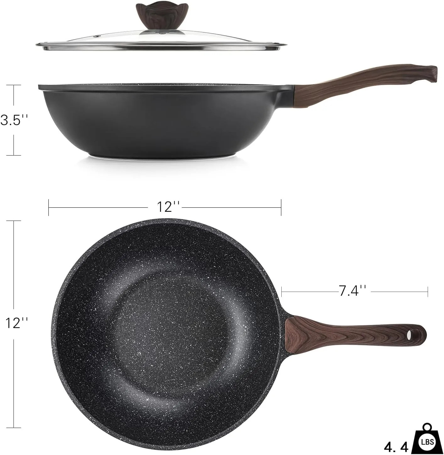 12 Inch Nonstick Wok With Lid Granite Stone Coating Induction Kitchen Cookware