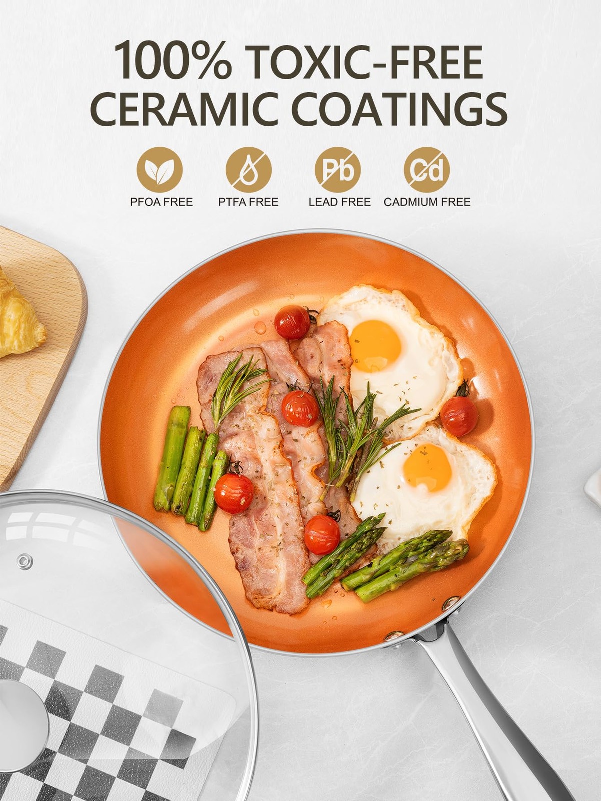 10 Inch Copper Nonstick Frying Pan with Lid, Scratch Resistant Ceramic Coating,