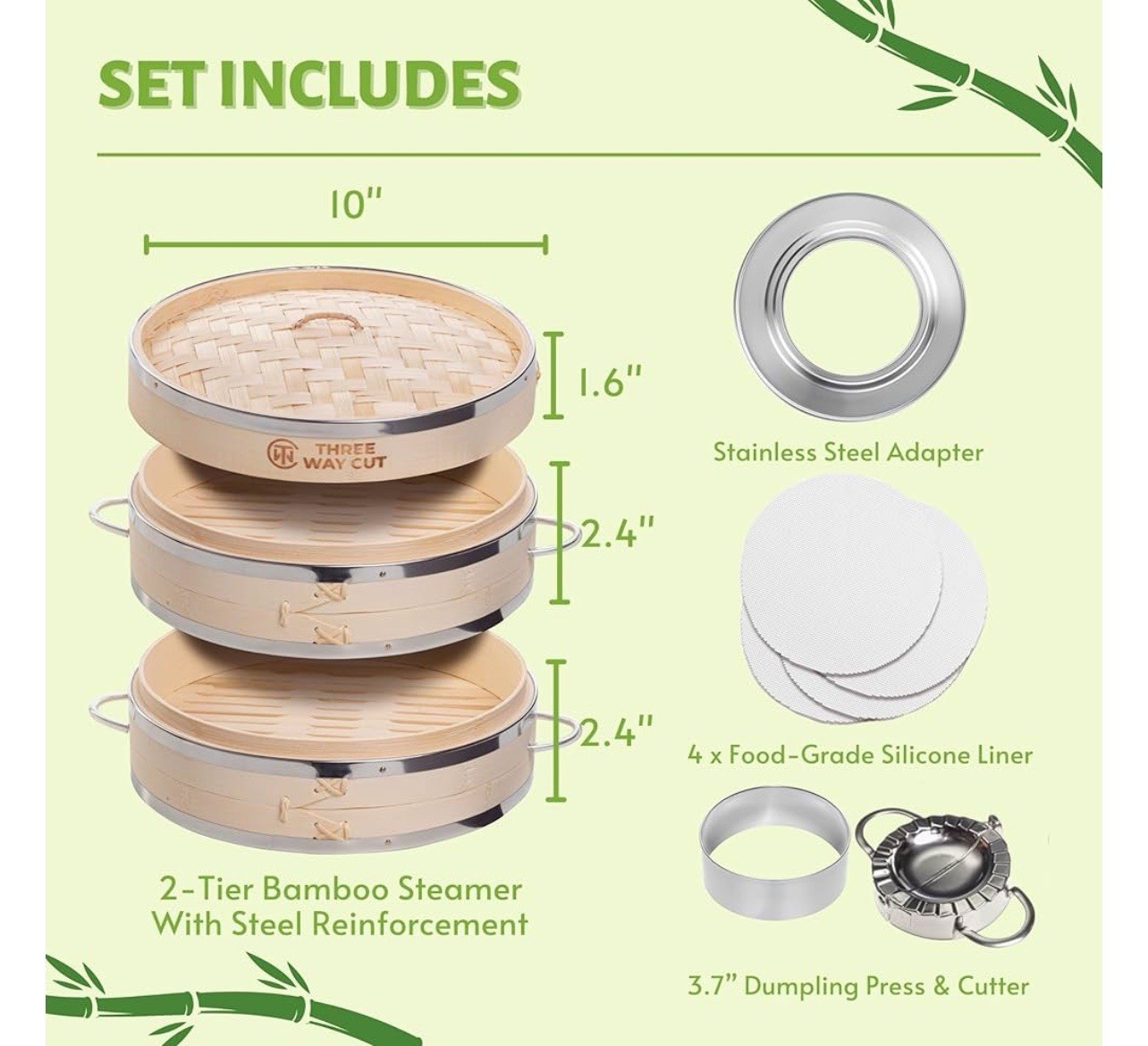 Dumpling Bamboo Steamer 10in 2 Tier Wooden Basket With Handle