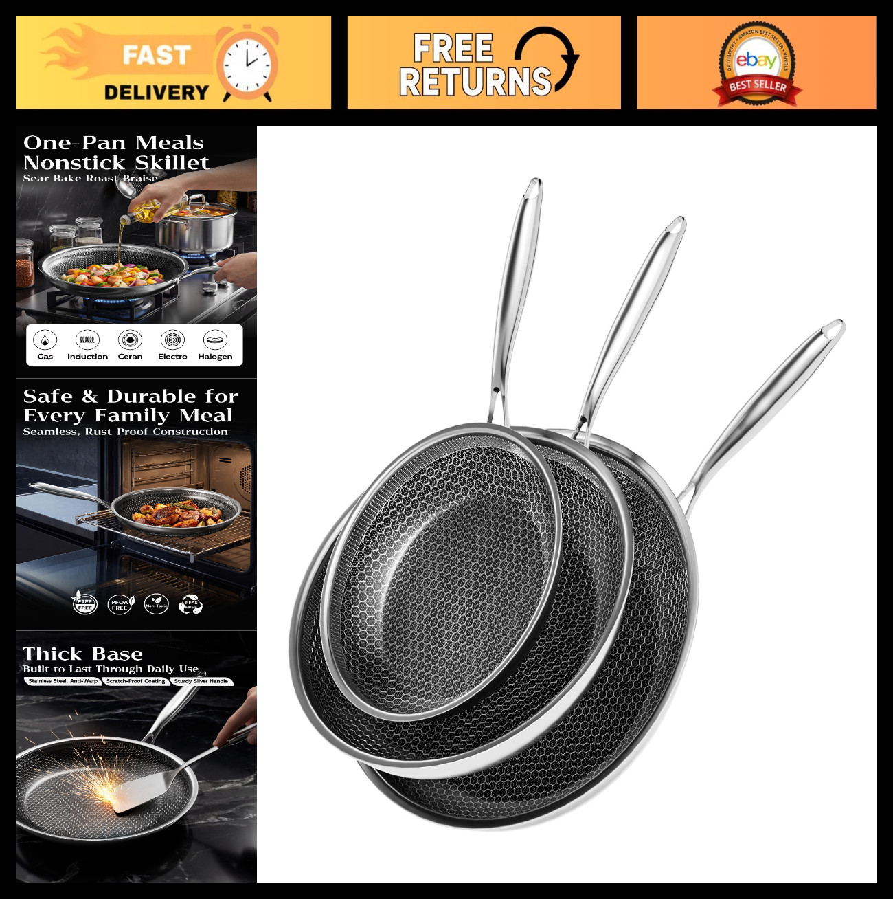 Nonstick Honeycomb Frying Pan Set, 8/10/12 Inch Stainless Steel Skillets, PFOA-F