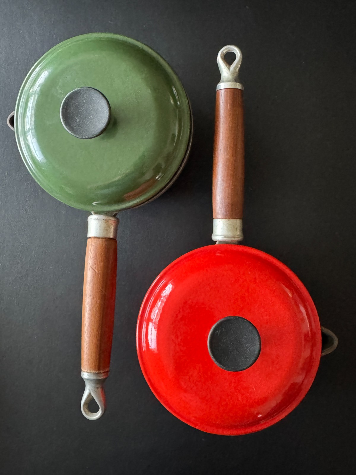 2 Vintage Lavec 1 Quart Saucepans Enameled Cast Iron: Red & Green w/Wood Handles