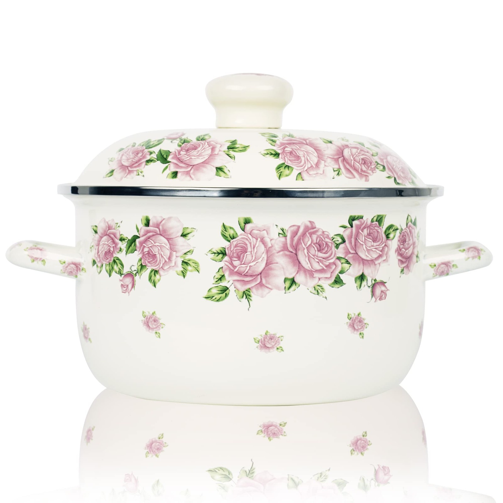 Retro Flower Enamel Stockpot with Lid,Stockpots for Cooking Rose pink -3QT