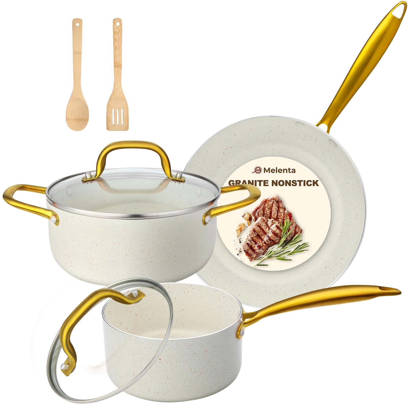 Pots and Pans Set Non Stick, 7 Piece White Granite Induction Cookware Set, No…