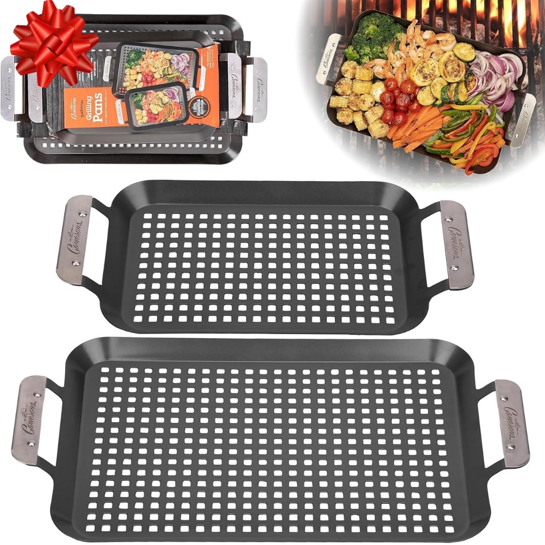 BBQ Grill Topper Grilling Pans (Set of 2)- Non-Stick Barbecue Trays w Stainle…
