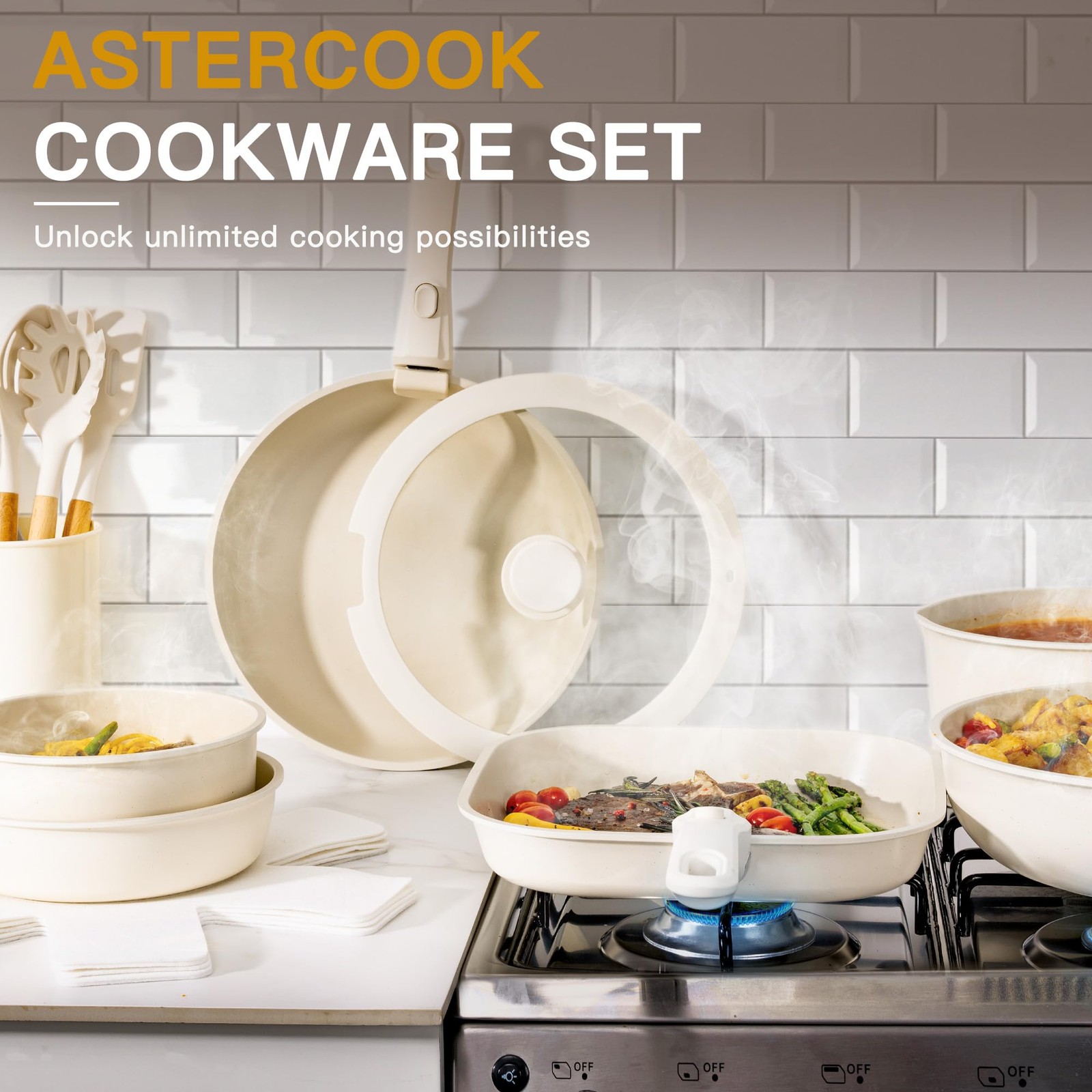 Astercook 23 Pcs Pots And Pans Non Stick Ceramic Cookware Set Detachable Handle