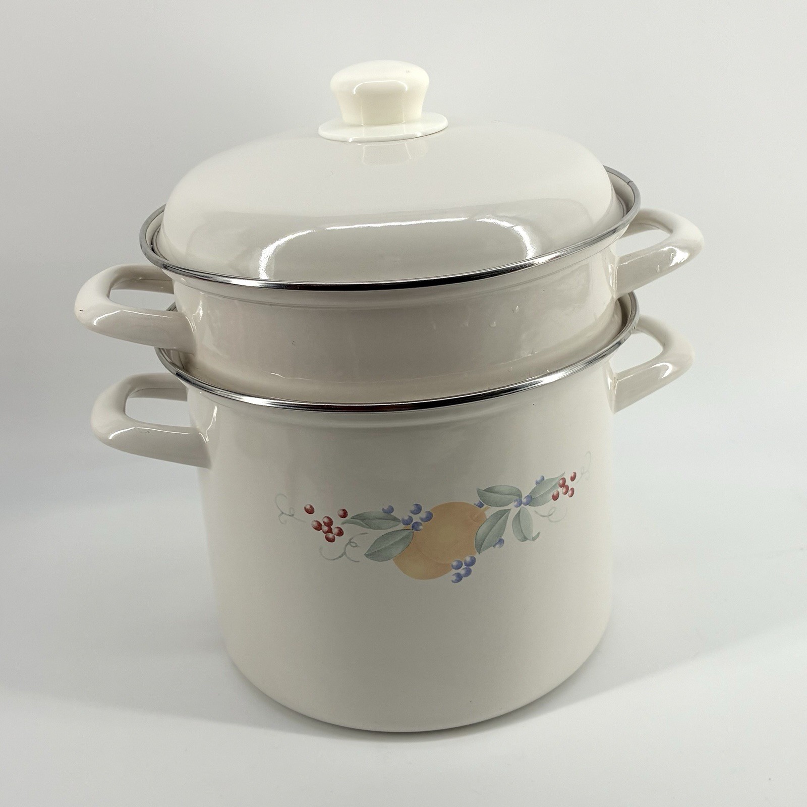 Vintage Yugoslav Enamelware 3pc Steamer Pot Strainer Lid Fruit Decal 22cm