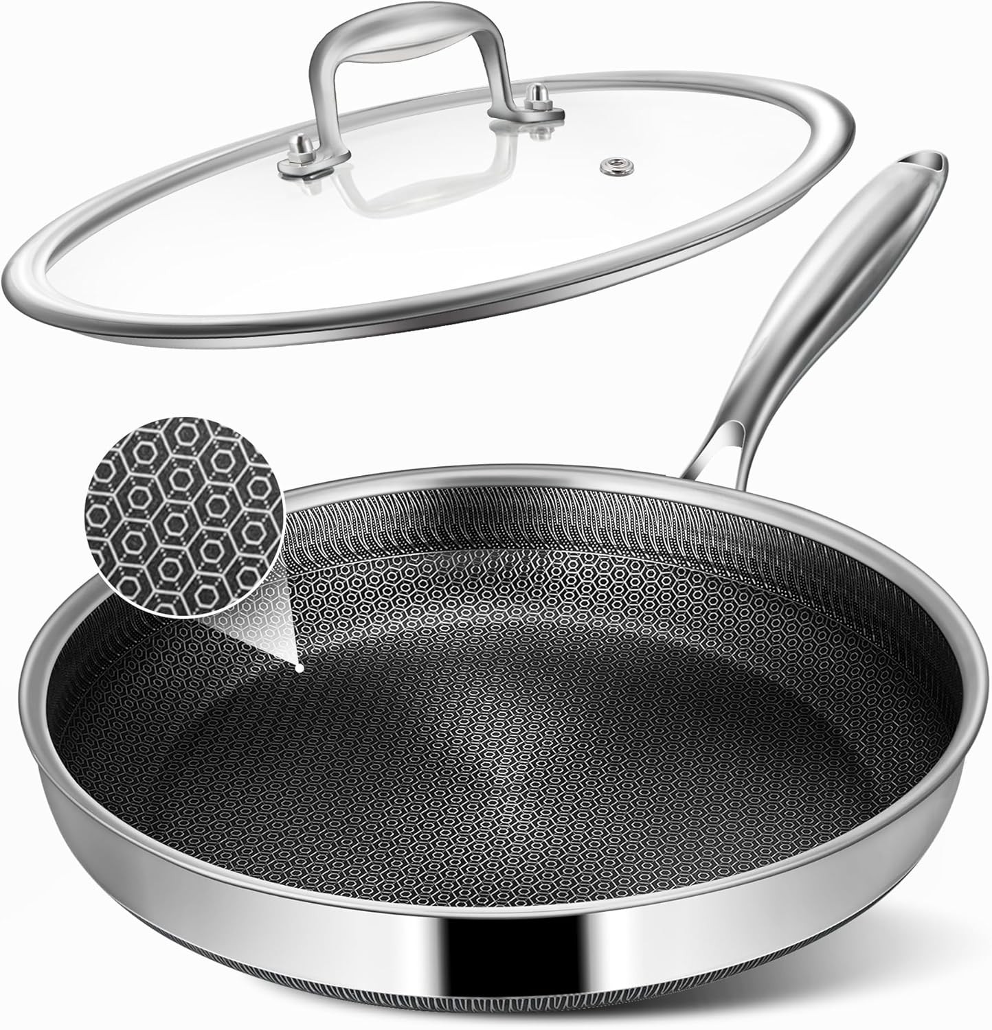 12-Inch Non Stick Frying Pan with Lid, Hybrid Stainless Steel Skillets Cookware