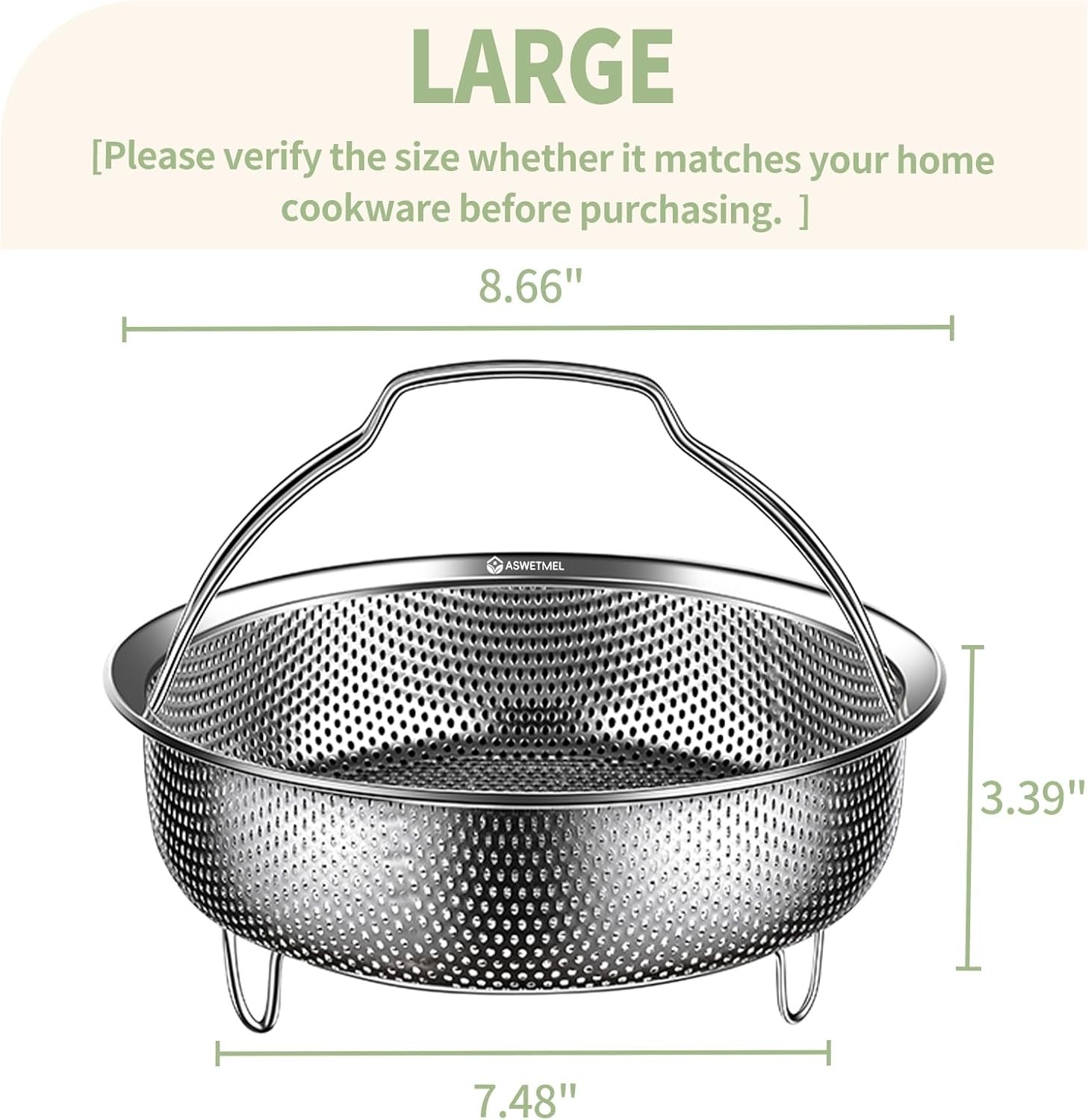 Stainless Steel Steamer Basket with Handle and Glove Diameter 8.66″, Steamer