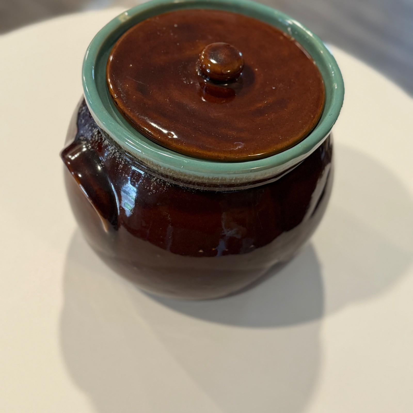 Vintage Ceramic Crock Bean Pot Jar Brown Turquoise Lid Hull Pottery ****Lid****