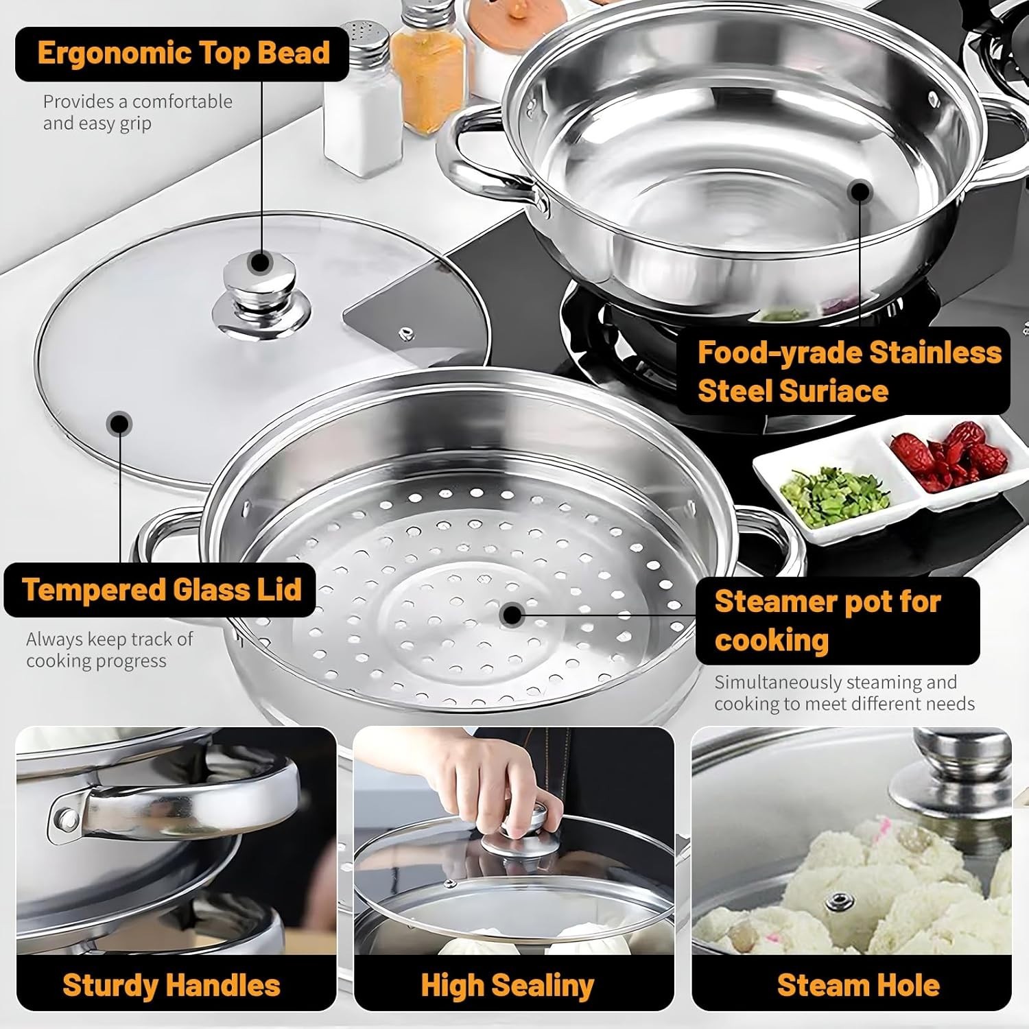 2-Tier 28cm 304 Stainless Steel Steamer Pot with Glass Lid,for Dumplings, Sea…