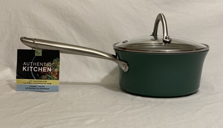Authentic Kitchen Ceramic Coating Stainless Steel 1.4-qt 6.3” Green Saucepan NWT