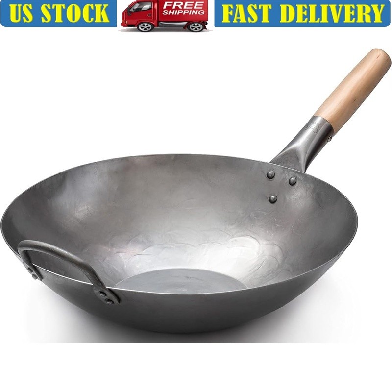 Heavy Carbon Steel Wok 14 Inch Flat Bottom Induction Electric Gas Stir Fry Pan