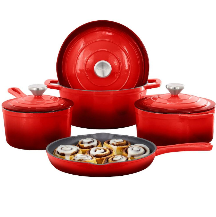 7-Piece Enameled Cast Iron Cookware Set Red Dutch Oven Pots & Pans