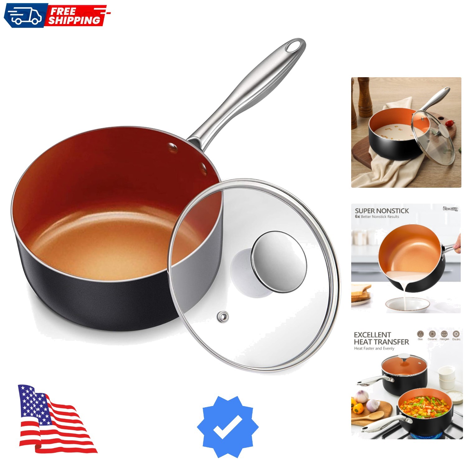 Nonstick 2 Quart Sauce Pan with Lid, Ultra-Nonstick Copper Sauce Pot 2 Qt, Ce…