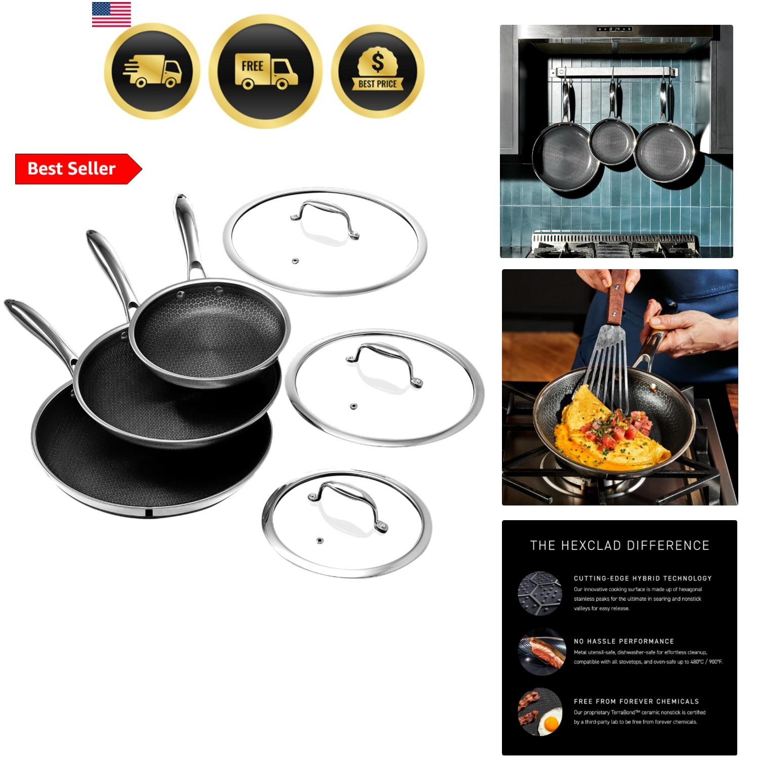 Hybrid Nonstick 6-Piece Frying Pan Set, 8, 10 and 12-Inch Frying Pans with Te…