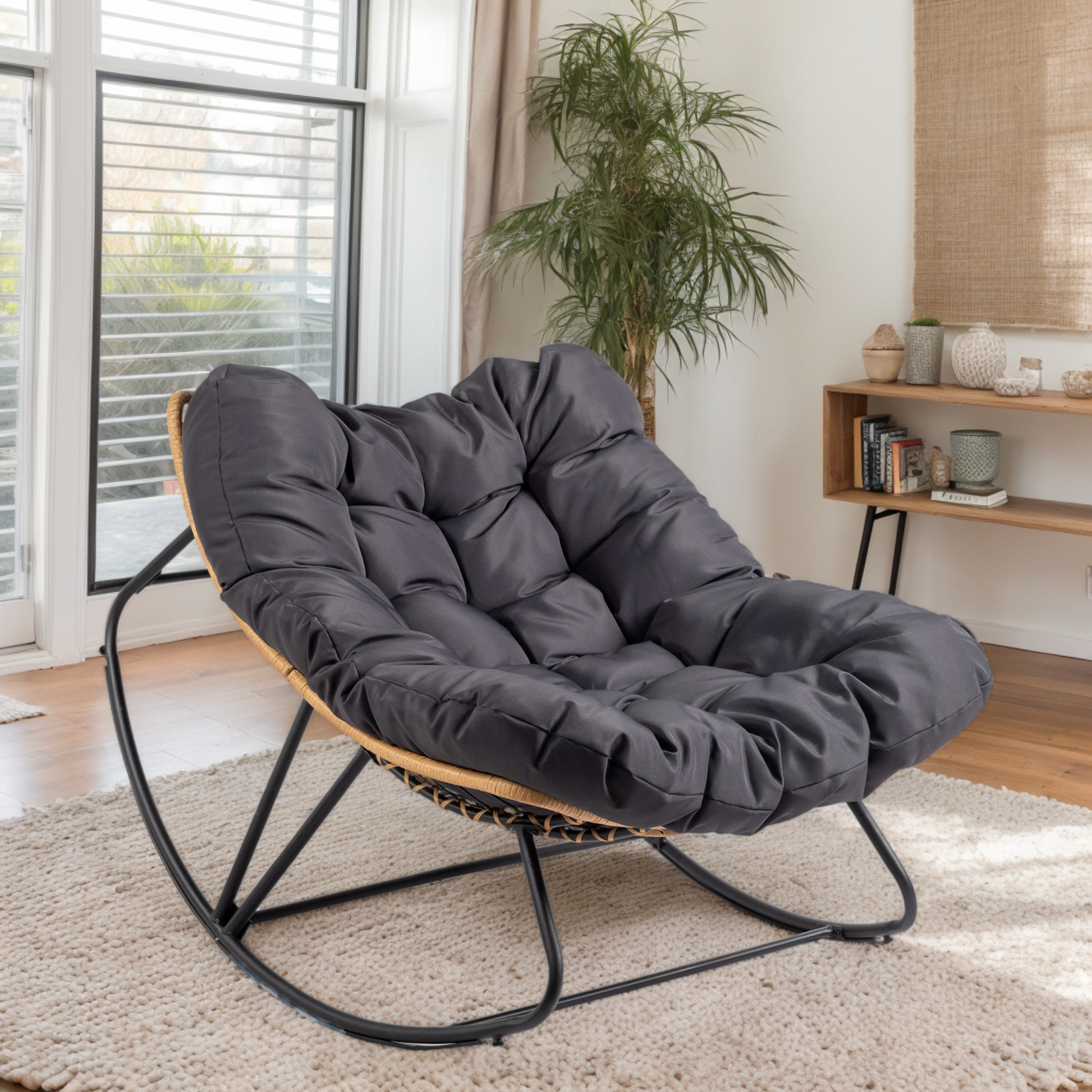 Oversized Papasan Rocking Chair, Patio Lounge Egg Chair, Dark Gray